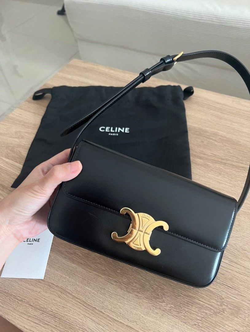 Authentic Celine Triomphe Shoulder Bag Black (Category: Luxury Bags & Wallets) located in Makati City. Submitted by prevlovedbyme (Listing ID 1439730840, Image 1). Description: Authentic Celine Triomphe shoulder bag Slightly negotiable Calfskin Negotiable Includes dust bag and care card Bought last year in Dubai, barely used and looks brand new honestly Srp is 180k Issue: Some minor scratches on last pic, repair is 3.5k I already inquired - Authe