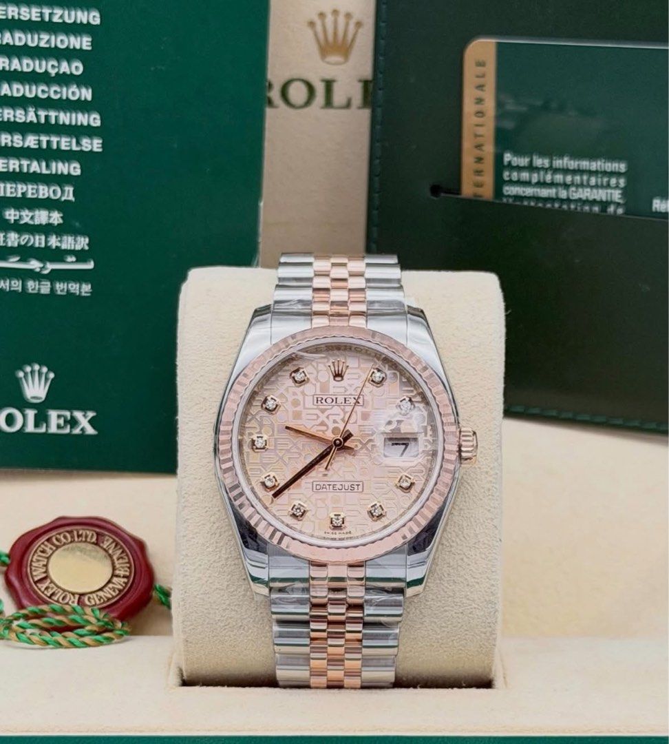 Authentic Rolex (Category: Luxury Watches) located in Manila. Submitted by chloe_luxuries (Listing ID 1439667133, Image 2). Description: Guaranteed Original Rolex Datejust 36mm in stainless steel rose gold and jubilee pink dial Still in very good working condition Comes with complete inclusion Pm for more details.