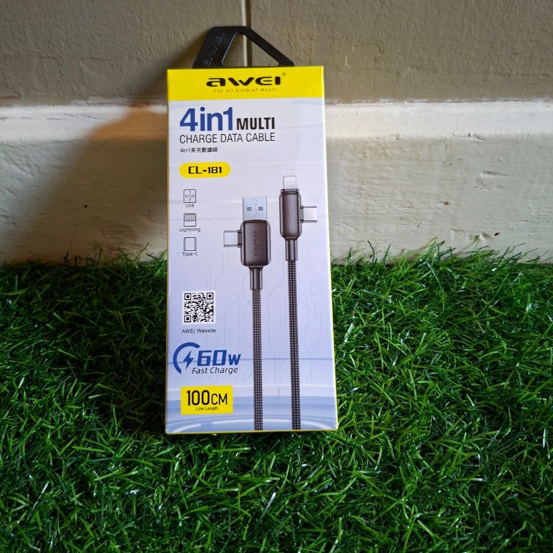 Awei 4 in 1 usb type a type c lighting apple cable (Category: Chargers & Cables) located in Pasig City. Submitted by last_price_posted (Listing ID 1439658454, Image 3). Description: This is available as long as this is posted/visible listing. You may message me with the answer to the following questions once you are fully decided to purchase, should you need further thinking and canvassing you may just save the listing for future reference. 1. Wi