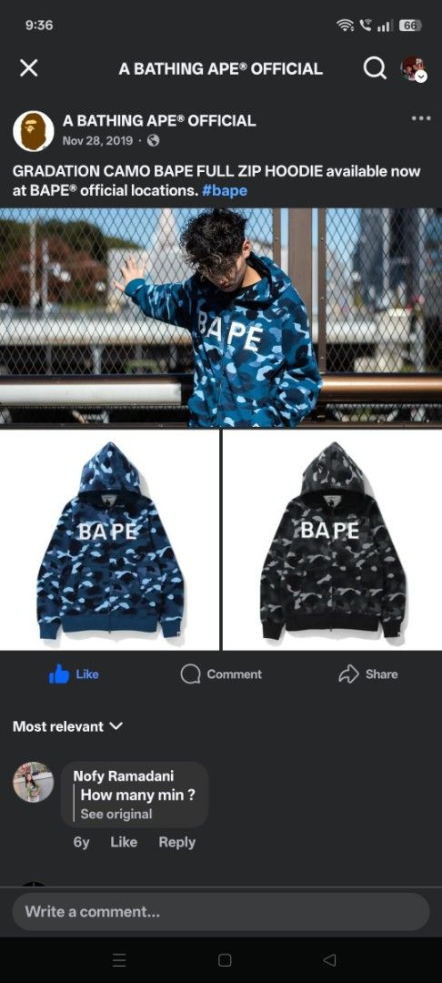 BAPE Gradation Camo Full Zip Hoodie (Category: Hoodies) located in Davao. Submitted by cleo1812 (Listing ID 1439613535, Image 2). Description: BAPE Gradation Camo Full Zip Hoodie - Color: Blue - Size: XL - Features: - Full zip closure - BAPE logo on front - Gradation camo pattern - Hooded - Soft interior lining - Measurements (approximate): - Length: 28 inches - Width: 23 inches sf c/o buyer.