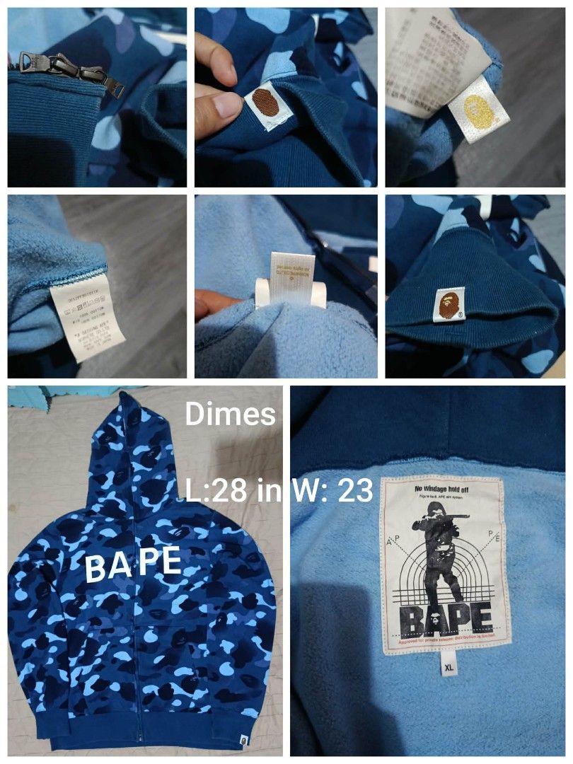 BAPE Gradation Camo Full Zip Hoodie (Category: Hoodies) located in Davao. Submitted by cleo1812 (Listing ID 1439613535, Image 1). Description: BAPE Gradation Camo Full Zip Hoodie - Color: Blue - Size: XL - Features: - Full zip closure - BAPE logo on front - Gradation camo pattern - Hooded - Soft interior lining - Measurements (approximate): - Length: 28 inches - Width: 23 inches sf c/o buyer.