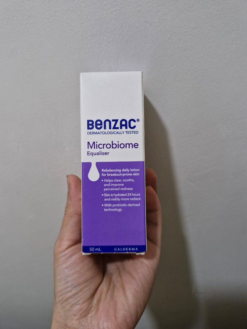 Benzac Microbiome Equaliser 50ml (Category: Face Care) located in Quezon City. Submitted by jcycle02 (Listing ID 1439773118, Image 1). Description: - Daily lotion for breakout-prone skin - Clears, soothes, and hydrates skin for 24 hours - Clinically proven to reduce redness and spots - Contains probiotic-derived technology and red clover extract - 50ml.
