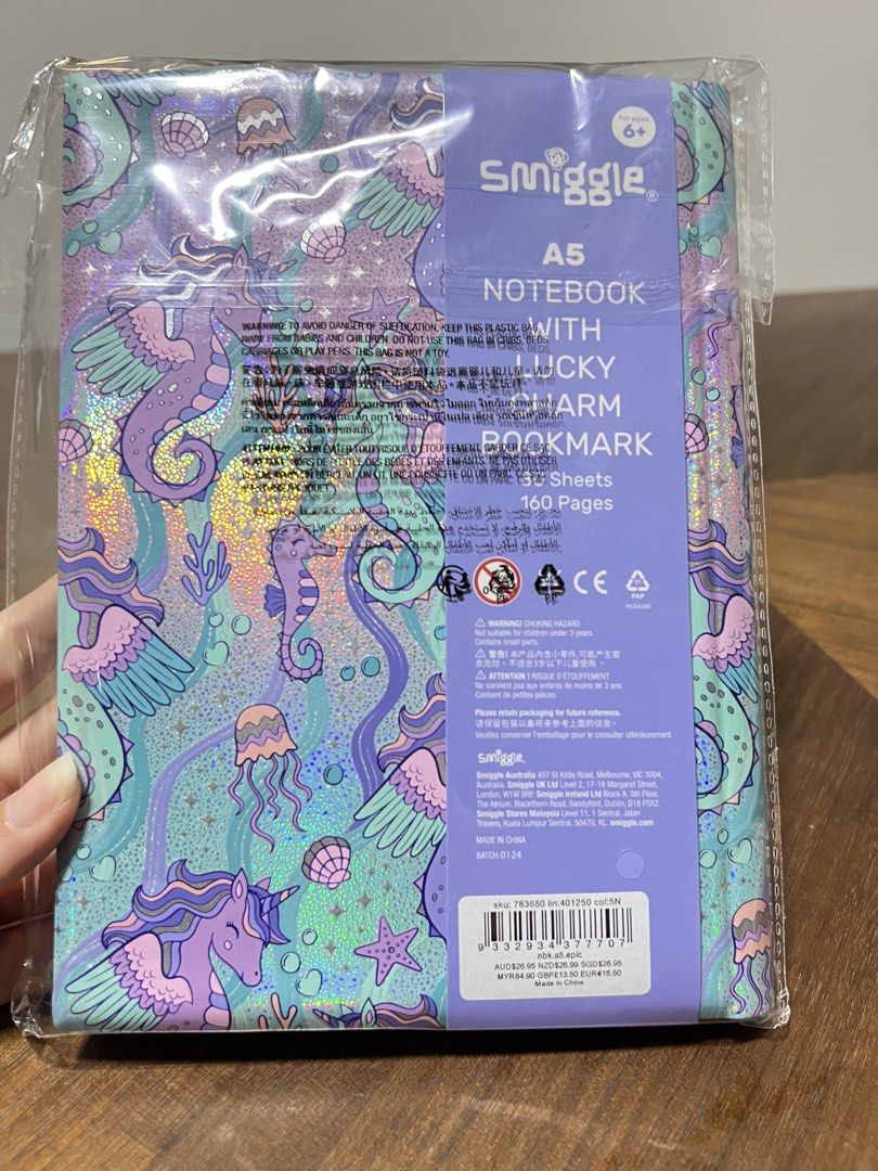 BN Smiggle Epic Adventures Notebook with Lucky Charm Bookmark Unicorn Seahorse Shiny Iridescent Blue Pink Purple Lined Note book Cute Design for Girls Kids Birthday Gift Authentic SMIGGLE product Promotional Deal (Category: Stationery & School Supplies) located in Singapore. Submitted by ywl33 (Listing ID 1439753319, Image 3). Description: ✨ Brand New in Original Smiggle Packaging 😍 Great as a gift for Unicorn lovers • Smiggle A5 Notebook featur