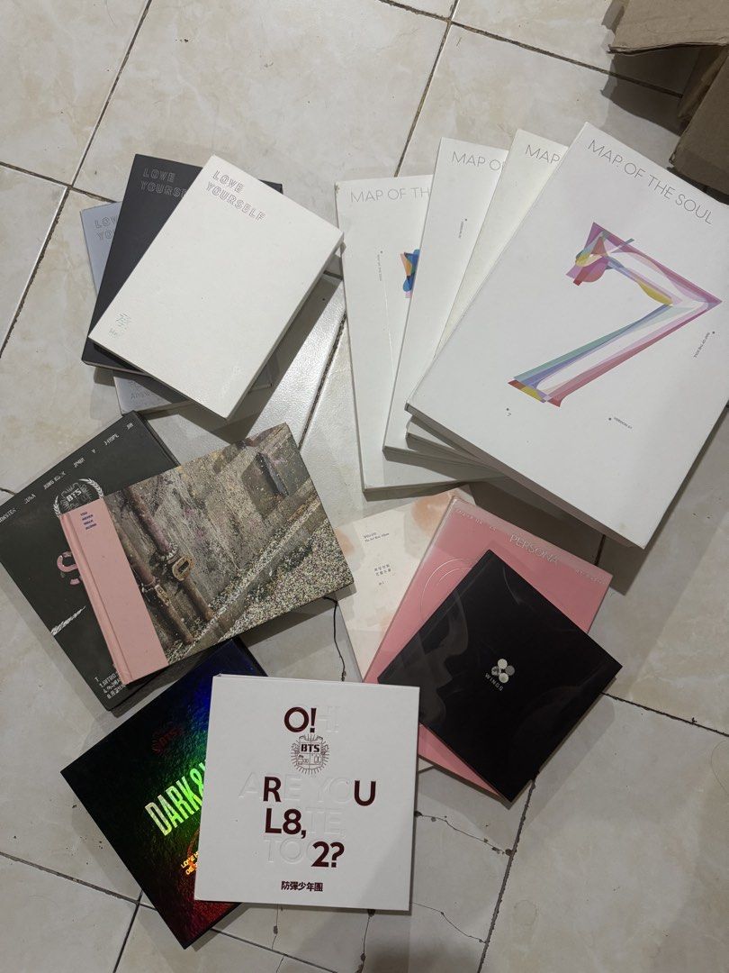 Unsealed BTS Albums 180 each (Category: CDs & DVDs) located in Panay. Submitted by patpat_07 (Listing ID 1439767471, Image 1). Description: 180+sf - BTS Album Collection - Includes: 'Love Yourself' series, 'Map of the Soul 7' (various versions), 'Dark & Wild', 'Skool Luv Affair', 'O!RUL8,2?', and 'Wings' - Features various versions and designs - Ideal for ARMY collectors.