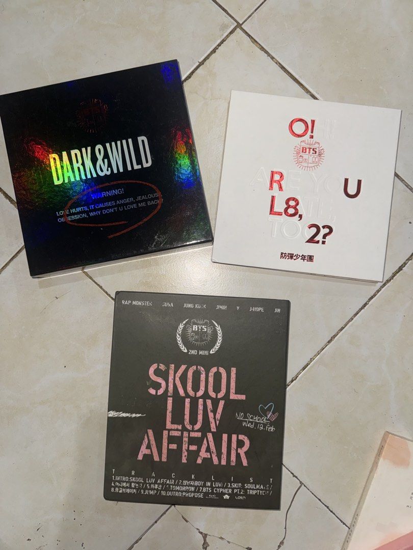 Unsealed BTS Albums 180 each (Category: CDs & DVDs) located in Panay. Submitted by patpat_07 (Listing ID 1439767471, Image 3). Description: 180+sf - BTS Album Collection - Includes: 'Love Yourself' series, 'Map of the Soul 7' (various versions), 'Dark & Wild', 'Skool Luv Affair', 'O!RUL8,2?', and 'Wings' - Features various versions and designs - Ideal for ARMY collectors.