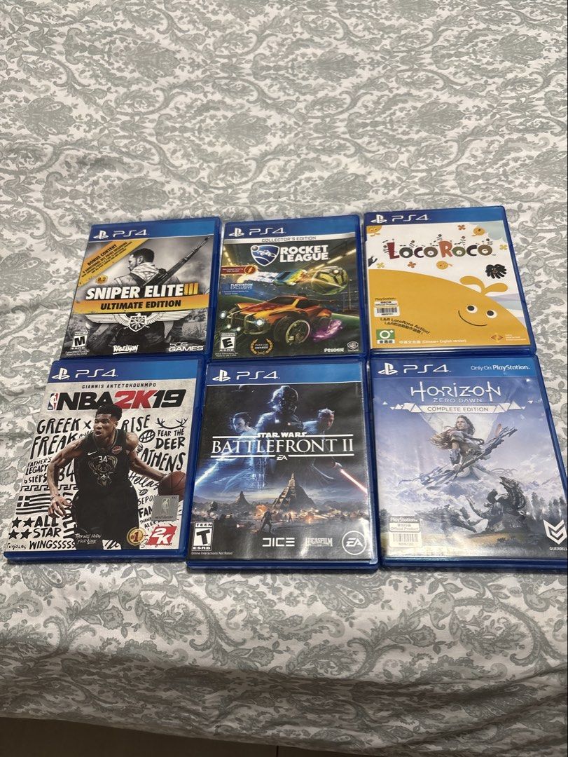Collection of PS4 Games (Category: PlayStation) located in Mandaluyong City. Submitted by that.ramen.guy (Listing ID 1439335591, Image 1). Description: Selling a collection of PS4 games: - NBA 2K19 - LocoRoco - Rocket League Collector's Edition - Sniper Elite III Ultimate Edition - Horizon Zero Dawn Complete Edition. - Star Wars Battlefront II All are priced at 600 each, willing to bargain for price..