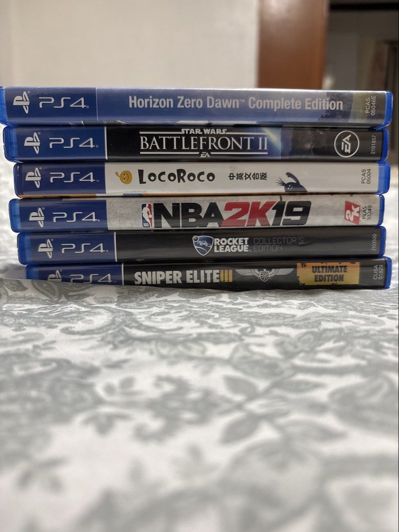 Collection of PS4 Games (Category: PlayStation) located in Mandaluyong City. Submitted by that.ramen.guy (Listing ID 1439335591, Image 2). Description: Selling a collection of PS4 games: - NBA 2K19 - LocoRoco - Rocket League Collector's Edition - Sniper Elite III Ultimate Edition - Horizon Zero Dawn Complete Edition. - Star Wars Battlefront II All are priced at 600 each, willing to bargain for price..