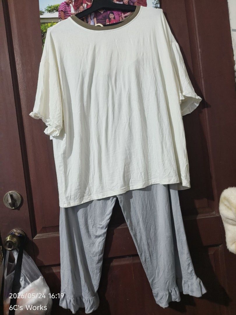 Dazy Pajama Set (Category: Undergarments & Loungewear) located in Consolacion. Submitted by mencytte (Listing ID 1439689395, Image 2). Description: - New with tag pajama set - Cream top with brown neckline - Gray pants with ruffled hem - Short-sleeved top - Lightweight and comfortable fabric.