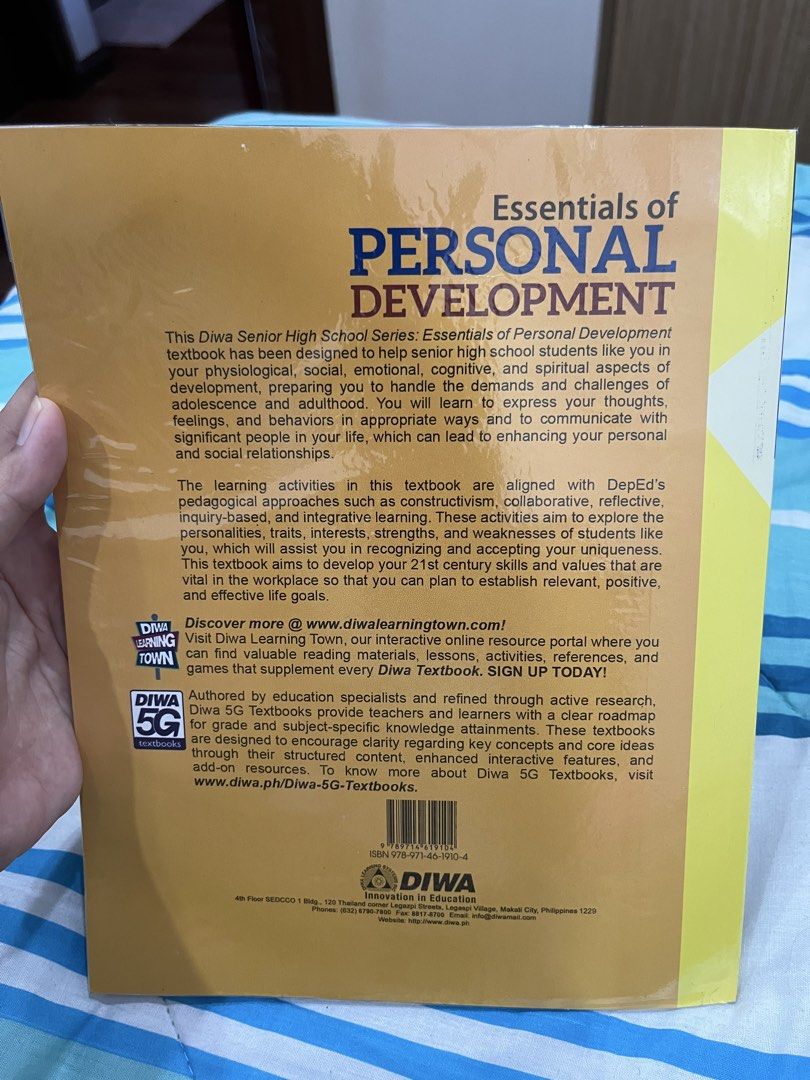 Essentials of Personal Development Textbook (Category: Textbooks) located in Paranaque City. Submitted by emceeahr (Listing ID 1439627650, Image 3). Description: - Diwa Senior High School Series: Personal Development textbook. - Addresses the demands and challenges of adolescence. - Helps students understand their thoughts, feelings, and behaviors. - Focuses on developing 21st-century skills and values. - Condition: Like Brand New / Good (clean p