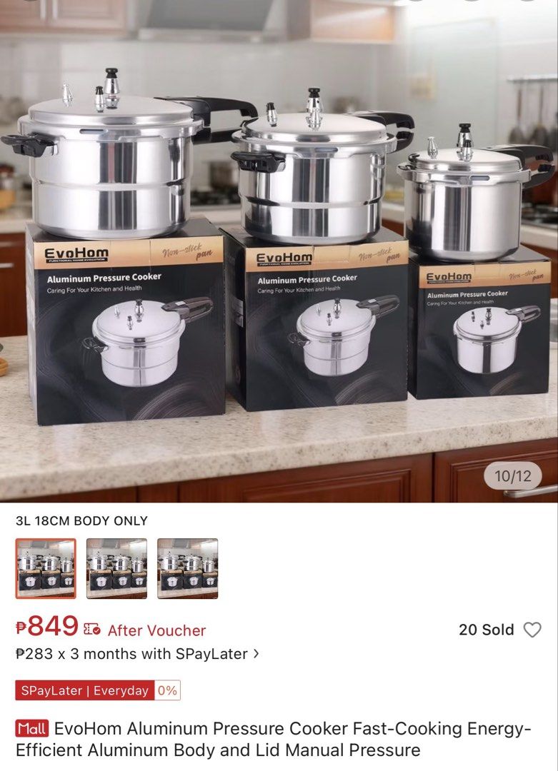 EvoHom Aluminum Pressure Cooker 3L (Category: Cookware & Accessories) located in Taguig. Submitted by onlyrovzky (Listing ID 1439791157, Image 3). Description: Brand New 1pc Onhand Original Price: ₱849 Location: Taguig City MOP: Gcash / BDO Specifications: Fast-Cooking Efficiency The EvoHom Aluminum Pressure Cooker offers fast-cooking capabilities. Its energy- efficient design ensures quick meal preparation. The aluminum body and lid provide opti