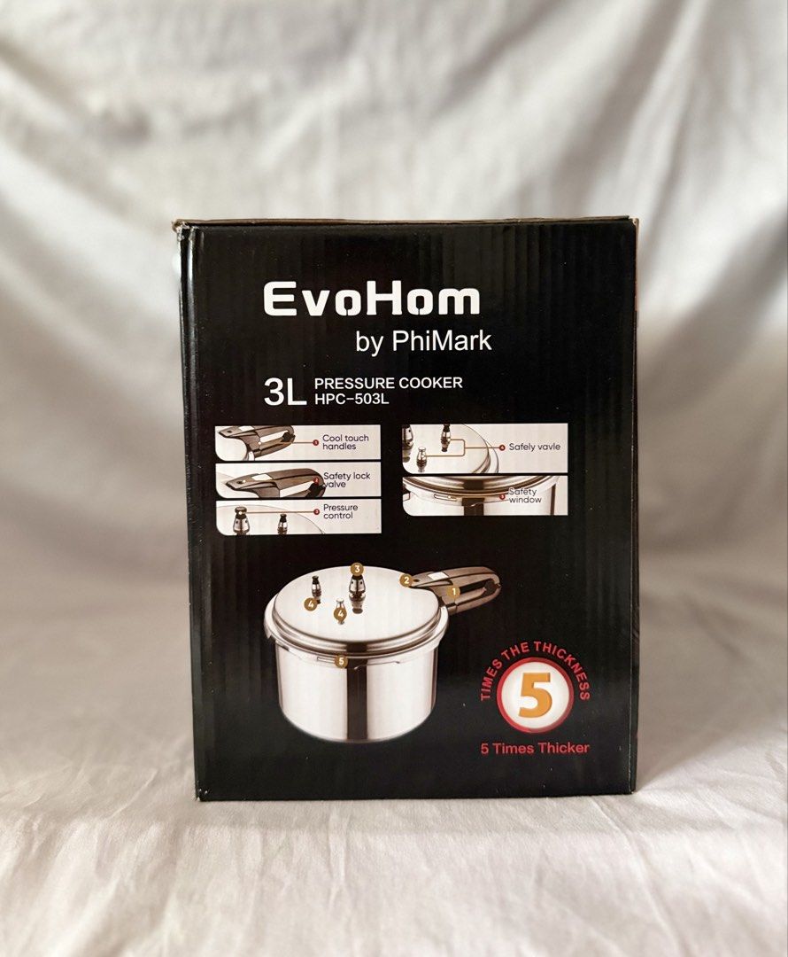 EvoHom Aluminum Pressure Cooker 3L (Category: Cookware & Accessories) located in Taguig. Submitted by onlyrovzky (Listing ID 1439791157, Image 2). Description: Brand New 1pc Onhand Original Price: ₱849 Location: Taguig City MOP: Gcash / BDO Specifications: Fast-Cooking Efficiency The EvoHom Aluminum Pressure Cooker offers fast-cooking capabilities. Its energy- efficient design ensures quick meal preparation. The aluminum body and lid provide opti