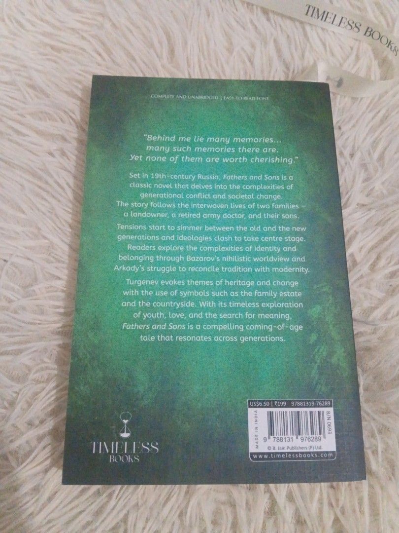 Fathers and Sons by Ivan Turgenev (Category: Storybooks) located in Cavite. Submitted by nathstelein_finds (Listing ID 1439626823, Image 2). Description: - 'Fathers and Sons' by Ivan Turgenev - Published by Timeless Books - Features a portrait on the cover - Includes a story summary on the back.