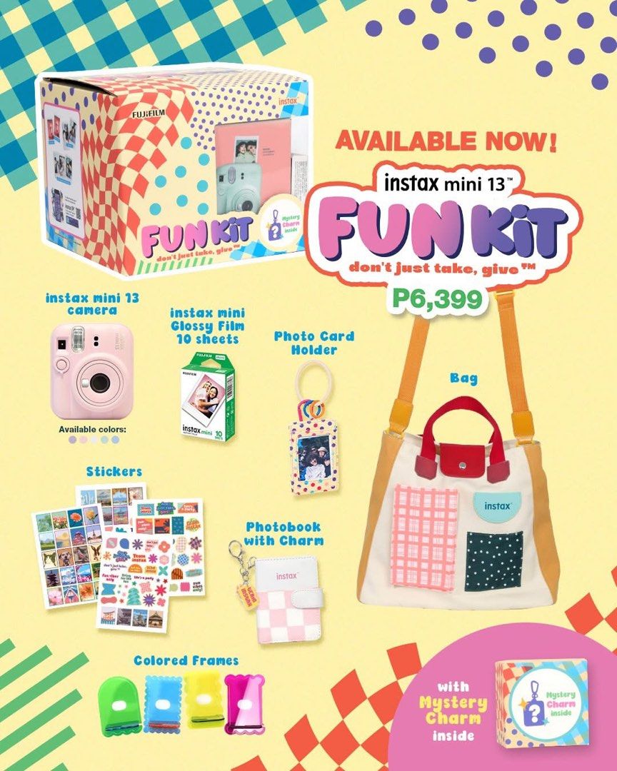 Fujifilm Instax Mini 13 Fun Kit (Category: Cameras) located in Quezon City. Submitted by ladyowned (Listing ID 1439718739, Image 2). Description: Newest Instax Mini 13 Funkit ✨ (Limited stock only) ₱5,800 only! (save 600 from SRP) includes 10sheets of film also includes: ⭐️ Bag ⭐️ Photo card holder with keyrings ⭐️ 4 sheets of Stickers ⭐️ Mini photo album with keychain and charm ⭐️ 4 Mini colored frames ⭐️ Mystery instax charm! ⭐️ Battery ⭐️ Came