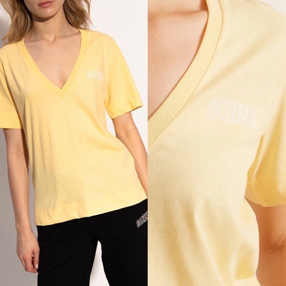Ganni Thin Software Jersey V-neck T-shirt (Category: Shirts) located in Naga. Submitted by trashfinds (Listing ID 1439777152, Image 1). Description: Size: XS on tag Length: 24” Width: 20” Color rate: 9.5/10 Issue: none Need wash .