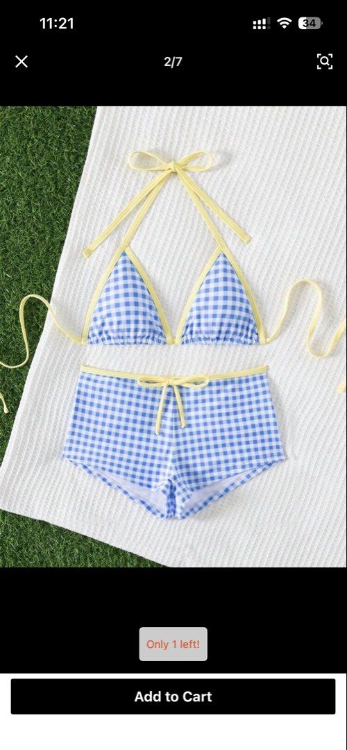 Gingham Bikini Set (Category: Bikinis & Swimsuits) located in Quezon City. Submitted by machristin03081 (Listing ID 1439773764, Image 1). Description: ❣️dm for photo ww - Blue and white gingham bikini set - Triangle top with yellow trim and ties - Shorts-style bottoms - Matching yellow tie - Ideal for beach or pool days.