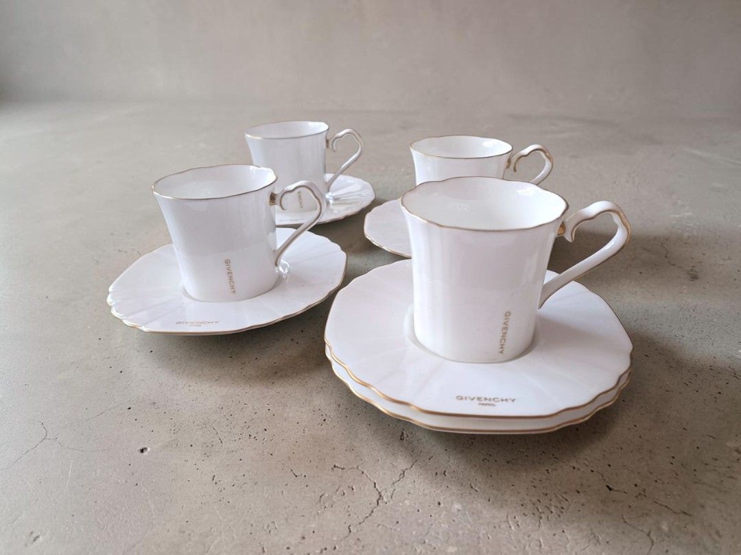 Givenchy Teacup Duo (4 sets + 1 extra saucer) (Category: Coffee & Tea Tableware) located in Quezon City. Submitted by buybyestuffmnl (Listing ID 1439667211, Image 1). Description: with rubs.