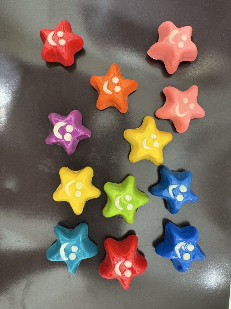 Glow-in-the-Dark Star Magnets (Category: Character Goods) located in Paranaque City. Submitted by cosmicwater_46e5b2 (Listing ID 1439742546, Image 2). Description: - Colorful, star-shaped magnets - Glow in the dark! - Features smiling faces - Available colors: Red, Orange, Yellow, Green, Blue, Purple - Lightweight and easy to arrange - Great for decorating your fridge or any magnetic surface HANDMADE #giveaway #giveaway #partygiveaways #refmagnet