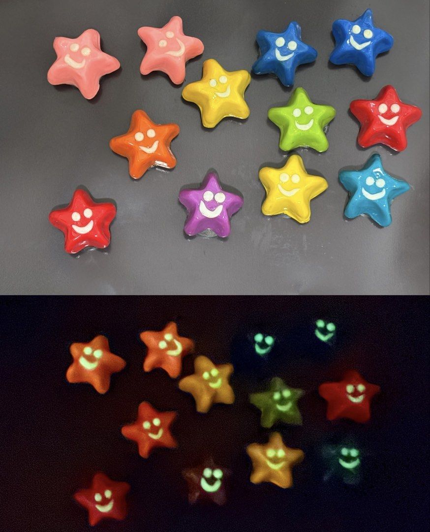 Glow-in-the-Dark Star Magnets (Category: Character Goods) located in Paranaque City. Submitted by cosmicwater_46e5b2 (Listing ID 1439742546, Image 1). Description: - Colorful, star-shaped magnets - Glow in the dark! - Features smiling faces - Available colors: Red, Orange, Yellow, Green, Blue, Purple - Lightweight and easy to arrange - Great for decorating your fridge or any magnetic surface HANDMADE #giveaway #giveaway #partygiveaways #refmagnet