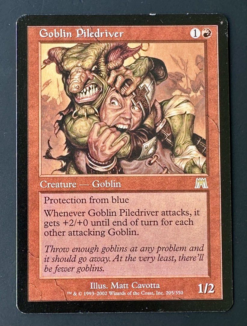 Goblin Piledriver - Magic: The Gathering (MTG) Onslaught Card (Category: Raw Singles) located in Mandaluyong City. Submitted by collectorsobsessions (Listing ID 1439667232, Image 1). Description: - Card in good condition. - With some minimal whitening due to age. - Comes as is, what you see is what you get. - PRICE: P1,400.