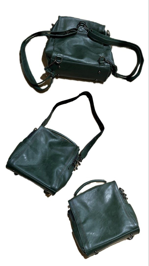 Green Convertible Backpack Handbag (Category: Backpacks) located in Manila. Submitted by aljaneaddtoukart (Listing ID 1439697787, Image 1). Description: - Convertible design: can be used as a backpack or handbag - Features a top handle and adjustable straps for comfortable carrying - Stylish square shape with metal hardware - Made of leather.