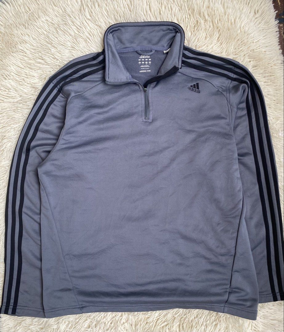 Grey Adidas Zip Pullover with black three-stripe Dri-fit (Category: Activewear) located in Antipolo. Submitted by princefs (Listing ID 1439646845, Image 1). Description: declutterring - measurements included in the pictures - dri- fit good for sports wear.