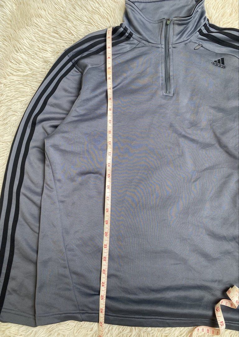 Grey Adidas Zip Pullover with black three-stripe Dri-fit (Category: Activewear) located in Antipolo. Submitted by princefs (Listing ID 1439646845, Image 3). Description: declutterring - measurements included in the pictures - dri- fit good for sports wear.