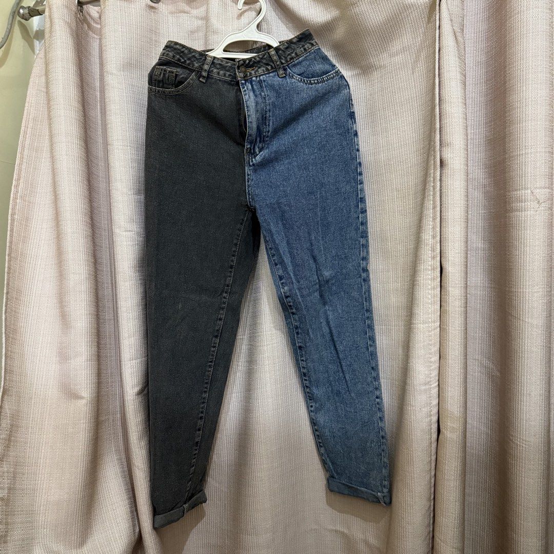 High Waist Two-Tone Denim Jeans (Category: Jeans) located in Manila. Submitted by miss.v.declutter (Listing ID 1439771292, Image 1). Description: - Two-tone denim jeans - Unique split design: dark grey and light blue - High-waisted - Classic five-pocket design - Straight leg cut - Cuffed hem - Adds a unique touch to your style.