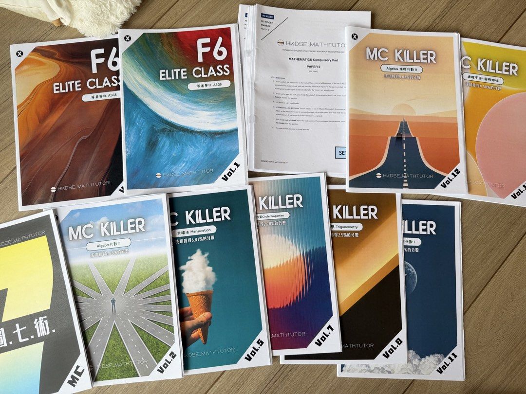 HKDSE Math Tutor F6 MC Killer Notes （分類：教科書）位於 Hong Kong。 由 iloveappletea 提交（商品編號 1439695396，圖片 1）。簡介： ✅ Listing includes a set of HKDSE Math Tutor textbooks. The set contains F6 Elite Class Vol. 1,2 and multiple volumes of MC Killer, including Algebra, Mensuration, Circle Properties, Trigonometry, and more. The books are designed for HKDSE Mathematics. ✅ includes 12 sets of paper 2 mock。