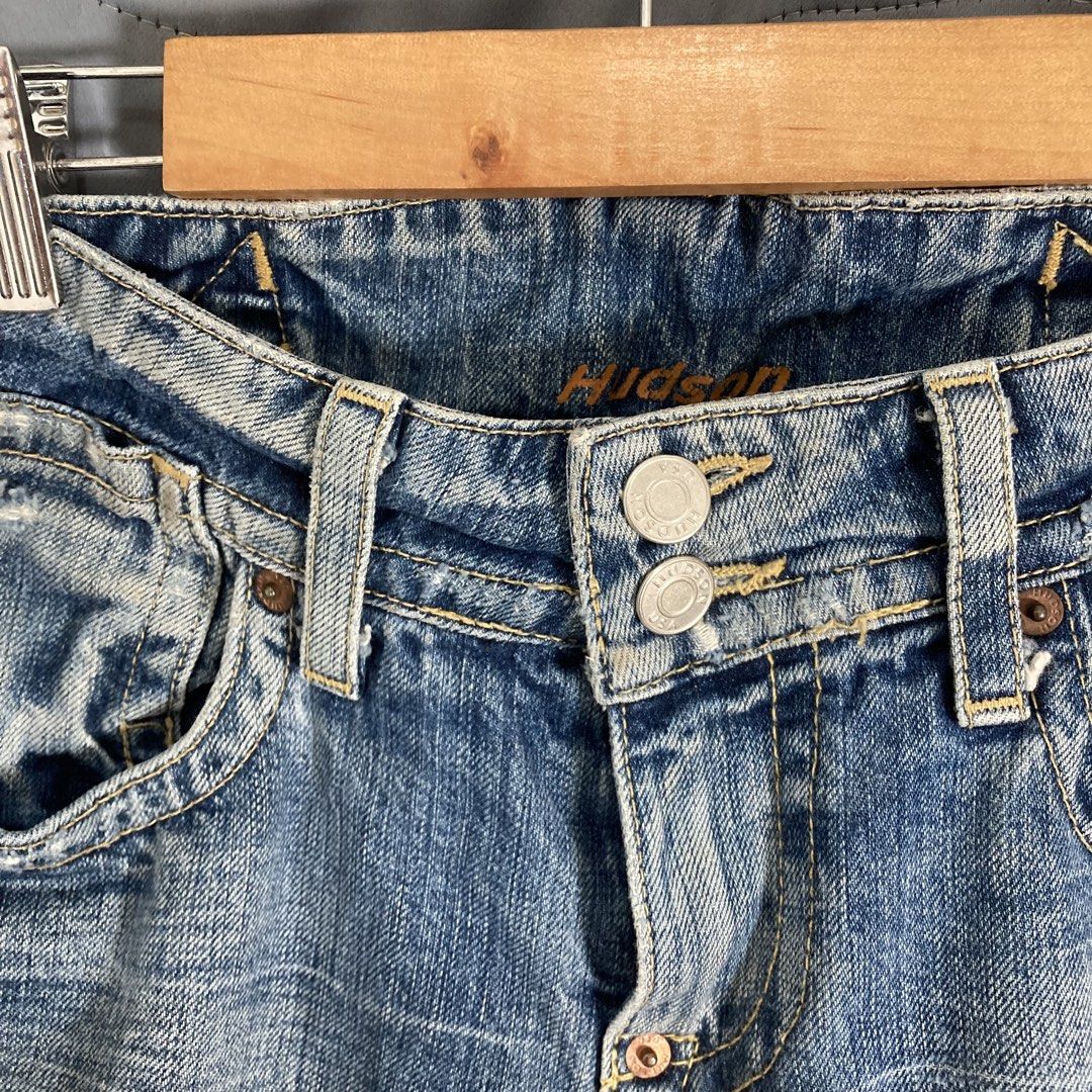 Hudson Jeans Distressed Flare Jeans (Category: Jeans) located in Manila. Submitted by ml_thriftph (Listing ID 1439748294, Image 3). Description: 26 on tag- On tape measure; 29w-30w 40L - TR Vibes - Authentic Hudson Jeans - Distressed design - Classic flare cut - Faded blue wash - Button and zipper closure - Made in USA - Unique back pocket design.
