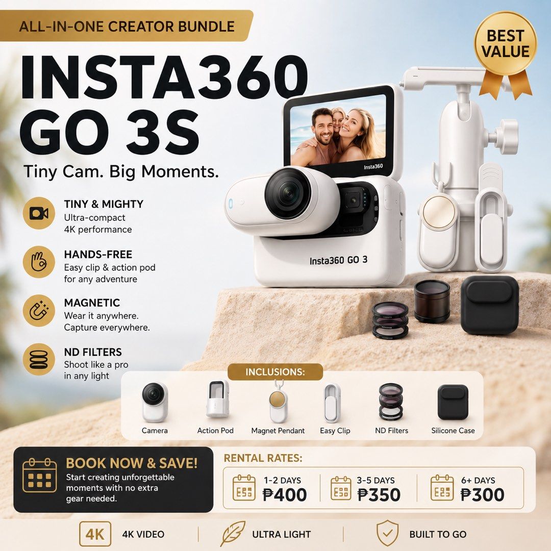 Insta360 GO 3S Creator Bundle (Category: Cameras) located in Valenzuela. Submitted by nana.rel (Listing ID 1439639538, Image 1). Description: - Insta360 GO 3S Creator Bundle for rent! - Includes: 4K camera, Action Pod, magnetic pendant, easy clip, ND filters, and silicone case. - Ultra-compact and hands-free. - Rental Rates: - 1-2 days: P400 - 3-5 days: P350 - 6+ days: P300.