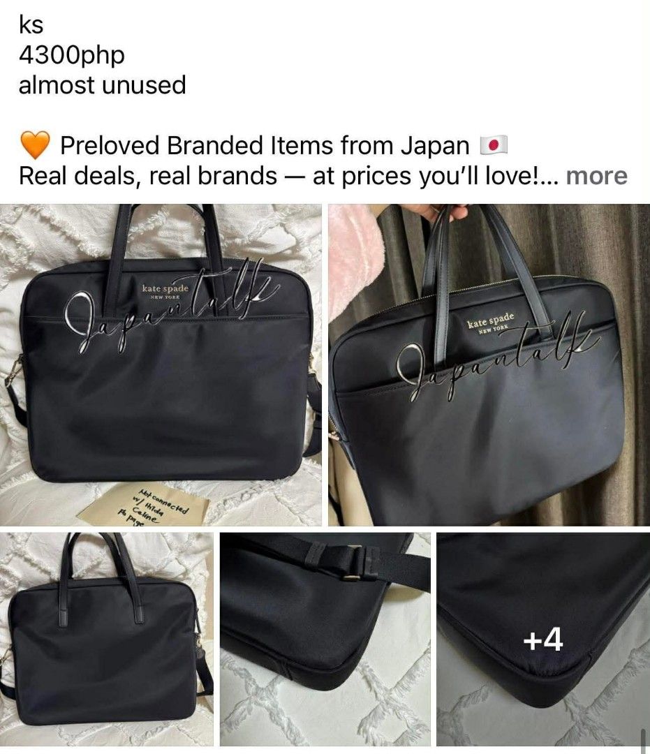 Kate Spade Black Laptop Bag (Category: Laptop Bags & Sleeves) located in Bulacan. Submitted by vintage_purge (Listing ID 1439639912, Image 1). Description: - Black Kate Spade laptop bag - Top handle and detachable shoulder strap - Exterior pocket - Features the Kate Spade New York logo - Made of a nylon-like material - Designed for laptops and essentials.