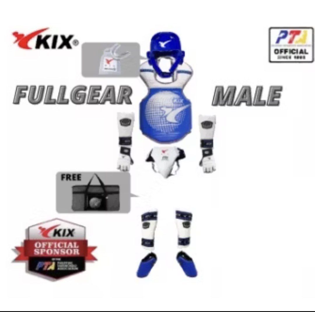 KIX Taekwondo Full Gear Set (Category: Combat Sports) located in Rodriguez. Submitted by erikajeremy (Listing ID 1439664624, Image 2). Description: - Complete KIX Taekwondo gear set for male. - Includes: Headgear, chest protector, arm guards, hand gloves, groin guard, shin guards, and foot gloves. - Comes with a free bag. - Official sponsor of PTA. - Ideal for both training and competition. Never used. Sinukat lang. Size 3 (grade 2-3 kid) Bought 