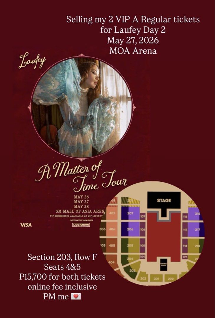 Laufey Day 2 VIP A REGULAR - May 27, 2026 (Category: Events Tickets) located in Cagayan de Oro. Submitted by zowewe (Listing ID 1439608510, Image 1). Description: Selling my 2 VIP A Regular tickets for Laufey Day 2, May 27, 2026 Section 203, Row F, Seats 4&5 P15,700 for both tickets (online fee inclusive). Negotiable for sure buyers.