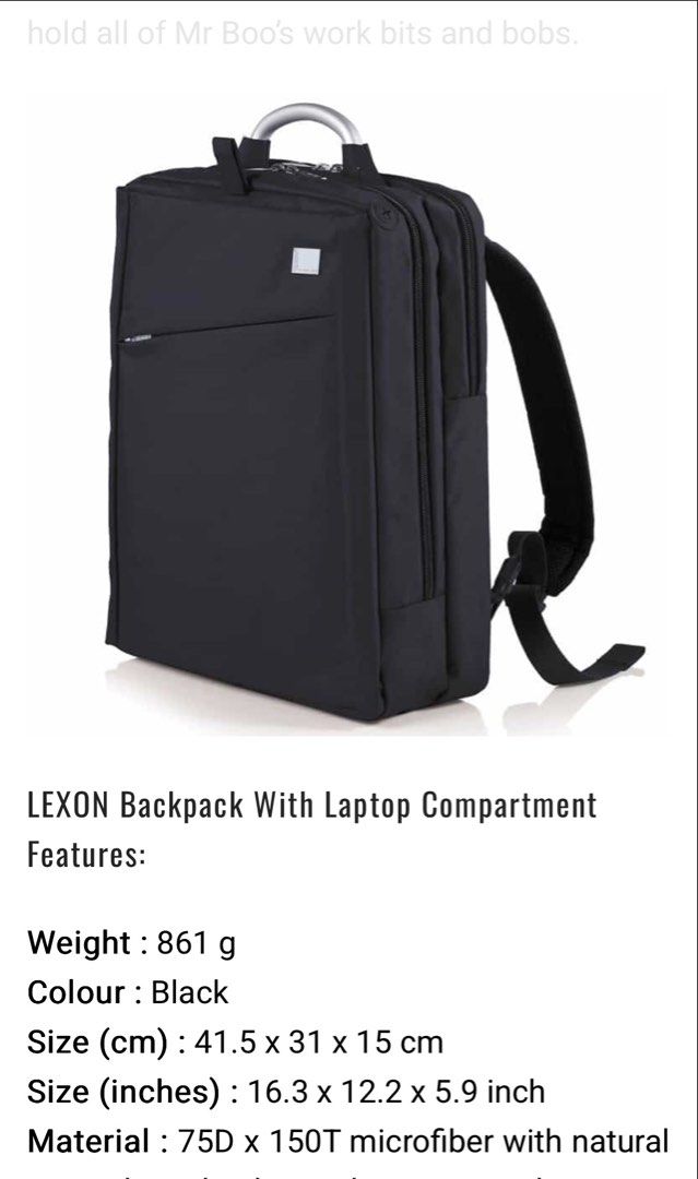 LEXON 3 Tech Backpack with Laptop Compartment (Category: Laptops & Notebooks) located in Manila. Submitted by architect90334 (Listing ID 1439670234, Image 2). Description: LEXON backpack features a laptop compartment and multiple pockets for organization. It is black and made of 75D x 150T microfiber with natural material. The backpack measures 41.5 x 31 x 15 cm (16.3 x 12.2 x 5.9 inches) and weighs 861g. It has padded shoulder straps and a top h