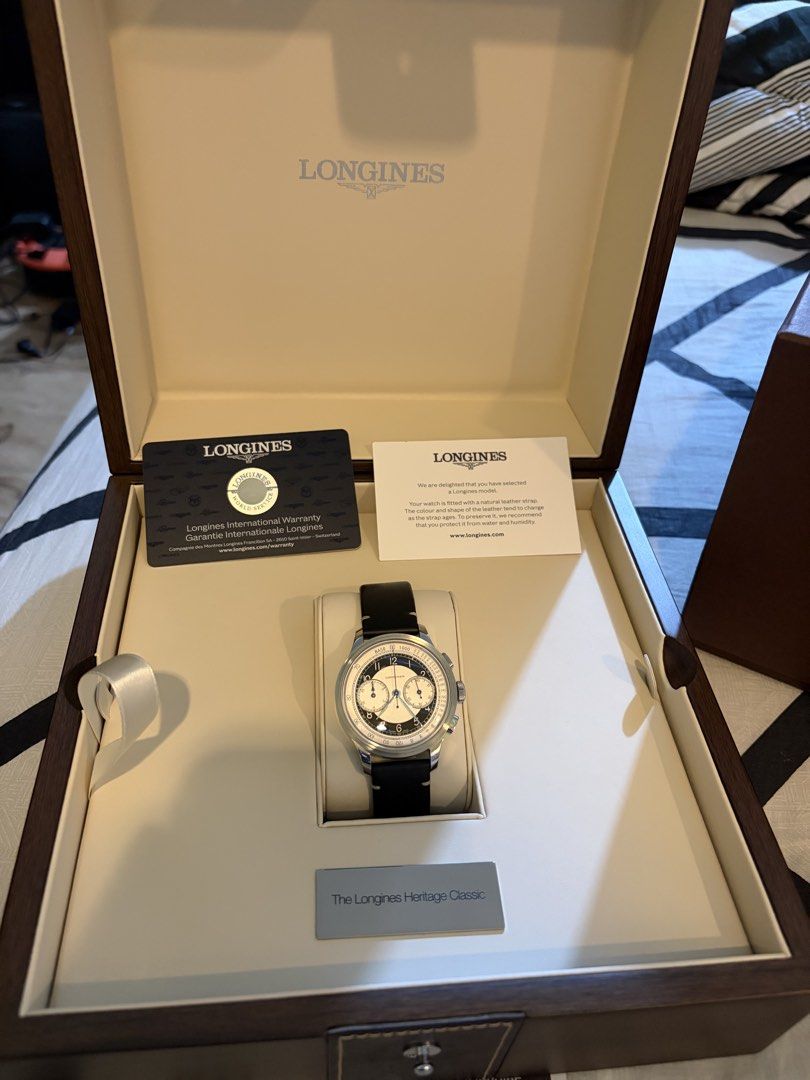 Longines Heritage Classic Chronograph Watch (Category: Luxury Watches) located in Quezon City. Submitted by koji18 (Listing ID 1438499397, Image 2). Description: 2025 Longines heritage classic chrono Tudedo dial Complete local ad With receipt 189k php 3 extra straps 1 extra beads of rice vintage bracelet Like new Negotiable.