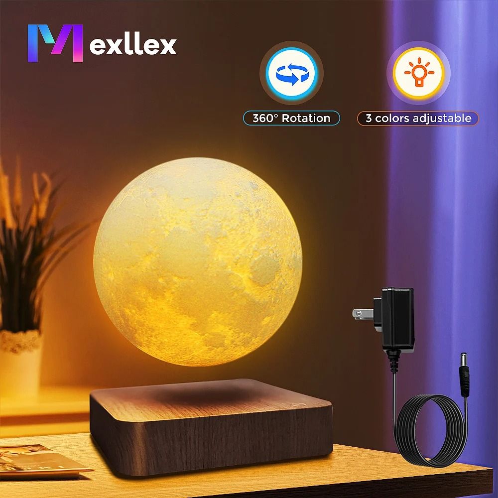 Magnetic Floating Rotating Moon Lamp with Wooden Base, 3 Color ...