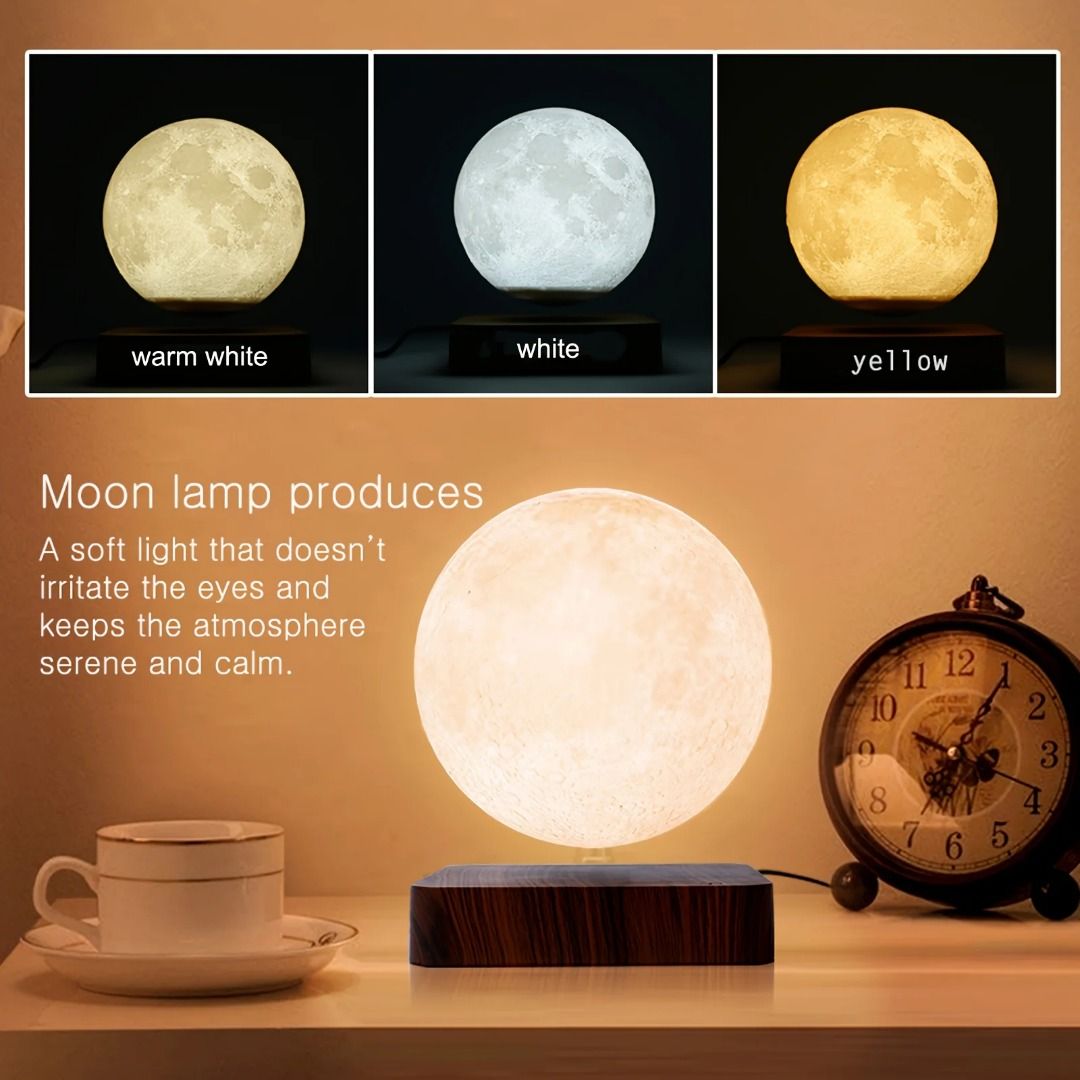 Magnetic Floating Rotating Moon Lamp with Wooden Base, 3 Color ...