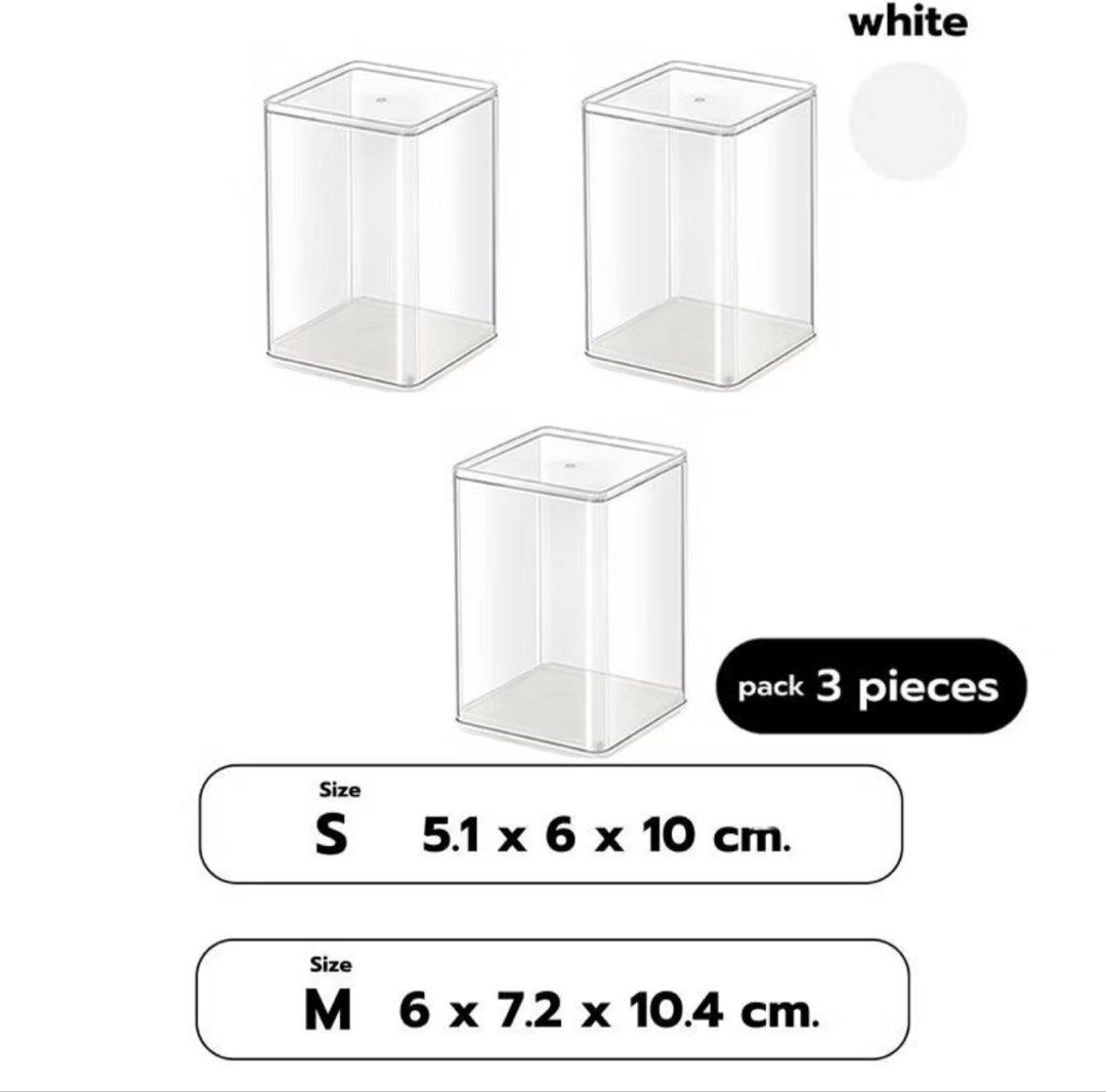 Medium Clear Acrylic Storage Box - 6 pcs. (Category: Storage Boxes & Baskets) located in Taguig. Submitted by decluttering.v.2.0 (Listing ID 1439608101, Image 1). Description: - Pack of 3 clear acrylic storage boxes - Available sizes: S (5.1 x 6 x 10 cm) and M (6 x 7.2 x 10.4 cm) - Color: White - Ideal for organizing small items and accessories - Perfect for displaying collectibles - Stackable and space-saving design Rfs: Wrong size .