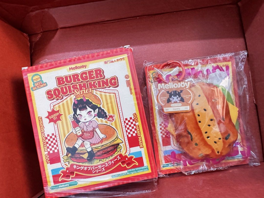 Mellojoy Burger Squishing King Series (Category: Designer & Blind Box Toys) located in Manila. Submitted by phoeberobl60305 (Listing ID 1439616193, Image 1). Description: - Mellojoy Burger Squishing King Series squishy - New Orleans Roasted Chicken - Includes a keychain - With replacement bag - Collectible item - Whipping cream texture .