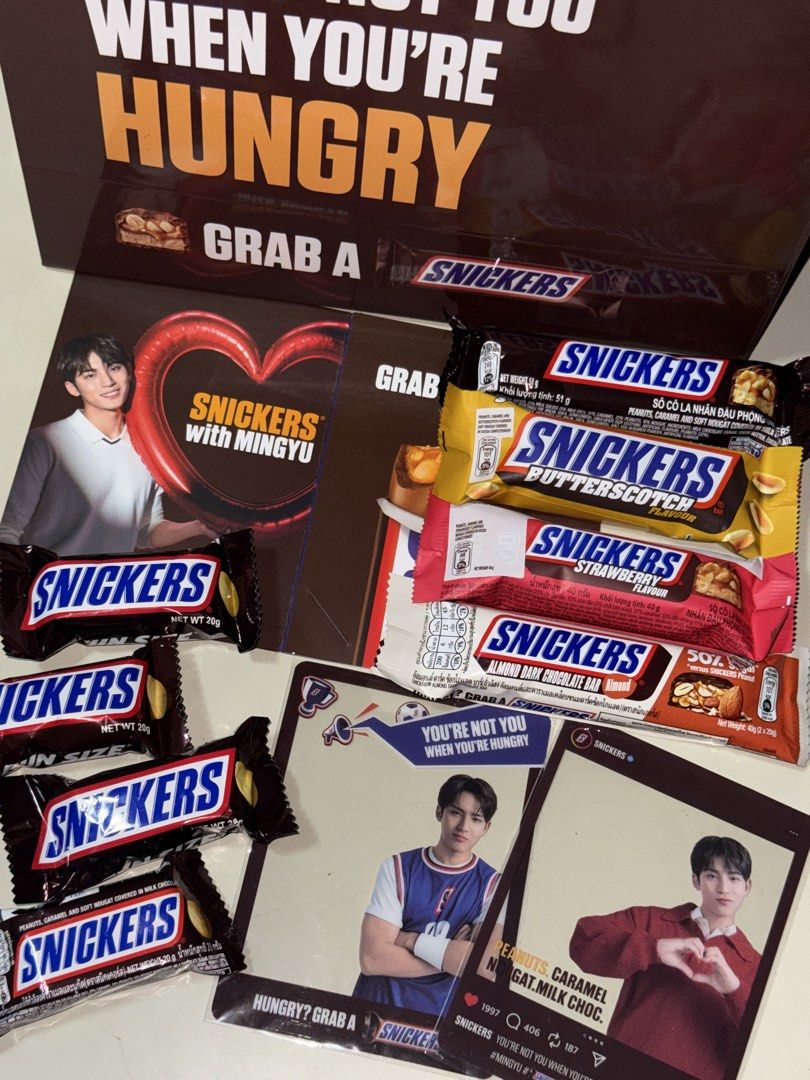 Mingyu Snickers Paper Bag & 2 Transparent PC (Category: Tote Bags) located in Manila. Submitted by joanna_merchcollector (Listing ID 1439647820, Image 1). Description: Paper bag and 2 transparent photocard only. The Snickers chocolate are not include..