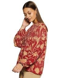 M&S Collection Floral Blouse (Category: Blouses) located in Makati City. Submitted by loveeph (Listing ID 1439630462, Image 3). Description: - M&S Collection blouse - Beautiful floral print in burgundy and gold, pintuck design, boho-style - Size: 14 - Features long sleeves - Round neckline with pleat detailing and buttons - Made in India No damage /issues Bought in Glorietta Makati branch RFS: Decluttering Mode of payment: Gcash or BPI transfer S