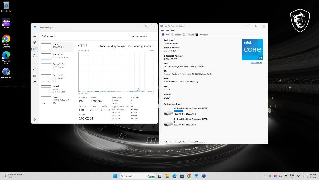 MSI Desktop PC with Intel Core i5 11400f (Category: Desktops) located in Paranaque City. Submitted by benj.benj1 (Listing ID 1439653792, Image 3). Description: With Asus GT 730 for the display. You can upgrade with decent GPU later. - MSI H510M-A PRO - Intel Core i5 11400f Processor (11th Gen) no integrated graphics need GPU - RAM CORSAIR VENGEANCE RGB RS 16G 2X8 3200 - Storage KINGSTON A400 M.2 240GB - HDD SEAGATE BARRACUDA 1TB - Windows 11 Pro 