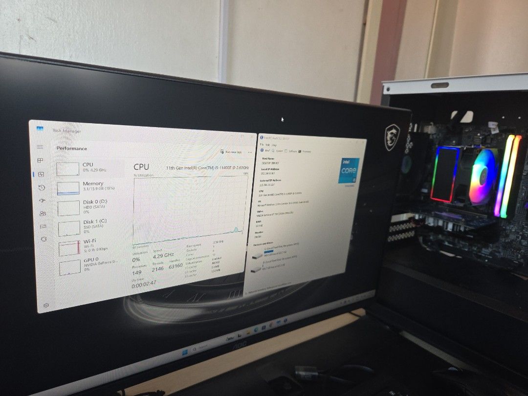 MSI Desktop PC with Intel Core i5 11400f (Category: Desktops) located in Paranaque City. Submitted by benj.benj1 (Listing ID 1439653792, Image 2). Description: With Asus GT 730 for the display. You can upgrade with decent GPU later. - MSI H510M-A PRO - Intel Core i5 11400f Processor (11th Gen) no integrated graphics need GPU - RAM CORSAIR VENGEANCE RGB RS 16G 2X8 3200 - Storage KINGSTON A400 M.2 240GB - HDD SEAGATE BARRACUDA 1TB - Windows 11 Pro 