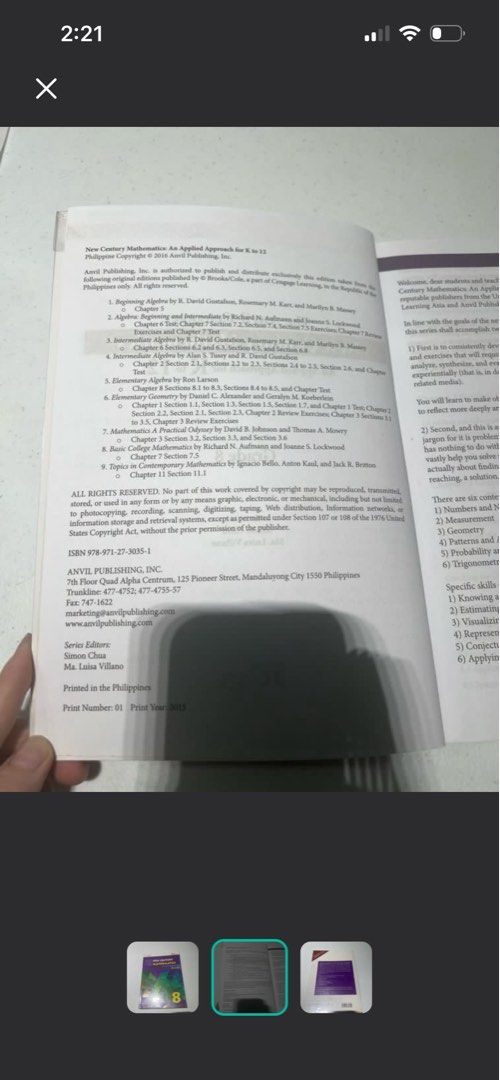 New Century Mathematics 8 (2016 ed.) by Simon Chua (Category: Textbooks) located in Quezon City. Submitted by chloe_declutter (Listing ID 1439662908, Image 2). Description: Like new Very minor writings Qc cubao Still available 05/24/2026.