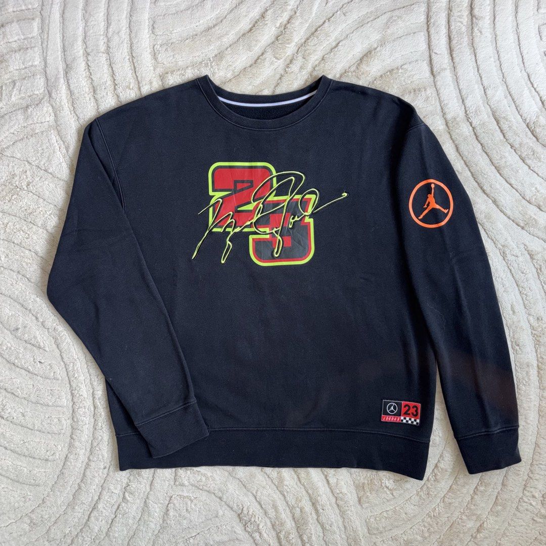 Nike Jordan 23 Crewneck Sweatshirt (Category: Coats, Jackets and Outerwear) located in Quezon City. Submitted by grailph (Listing ID 1439637651, Image 1). Description: - Black Nike Jordan crewneck sweatshirt - Features the number 23 and a signature design on the front - Jordan logo on the sleeve and tag - Made of 80% cotton and 20% polyester - Size: XXL - Dimensions 25”x27” Color rate 7.5/10.