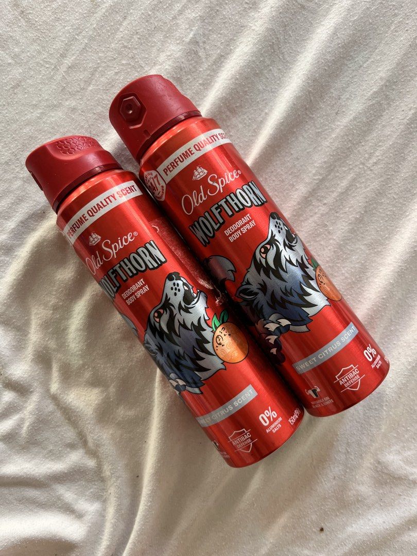 Old Spice Wolfthorn Deodorant Body Spray (Category: Fragrance & Deodorants) located in Quezon City. Submitted by declutter_xo (Listing ID 1439694808, Image 1). Description: - Old Spice Wolfthorn deodorant body spray - Sweet citrus scent - Antibacterial formula - 150ml per can - 24/7 protection - Red packaging with wolf illustration.