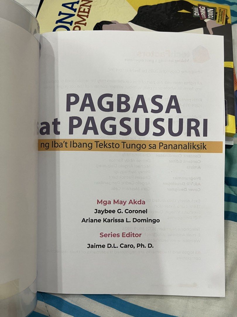 Pagbasa at Pagsusuri Textbook (Category: Textbooks) located in Paranaque City. Submitted by emceeahr (Listing ID 1439626663, Image 2). Description: - Textbook: Pagbasa at Pagsusuri - Focus: Research texts - Authors: Jaybee G. Coronel & Ariane Karissa L. Domingo - Series Editor: Jaime D.L. Caro, Ph.D. - Publisher: techFactors Inc. — Condition: Like Brand New / Good (clean pages, sturdy cover, no missing pages, no writings on pages, with plastic co