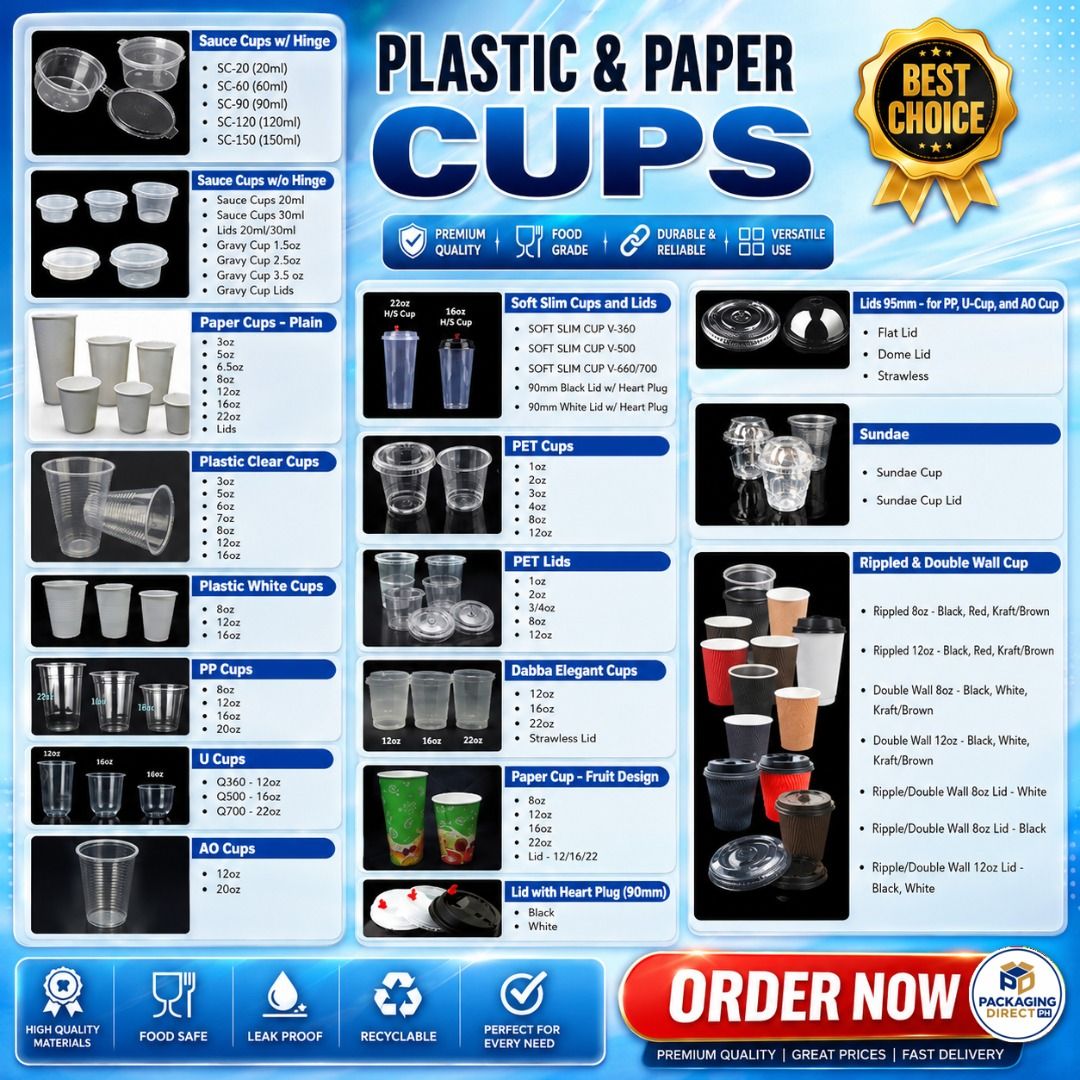 PLASTIC & PAPER CUPS (Category: Dinnerware & Cutlery) located in Manila. Submitted by golden888onlineshop (Listing ID 1439634302, Image 1). Description: Disposable food and beverage containers, primarily made from plastic (PET, PP) and paper. 💙 PLASTIC & PAPER CUPS ✔ Sauce Cups w/ Hinge ✔ Sauce Cups w/o Hinge ✔ Paper Cups - Plain ✔ Plastic Clear Cups ✔ Plastic White Cups ✔ PP Cups ✔ U Cups ✔ AO Cups ✔ Soft Slim Cups and Lids ✔ PET Cups ✔ PET Lid