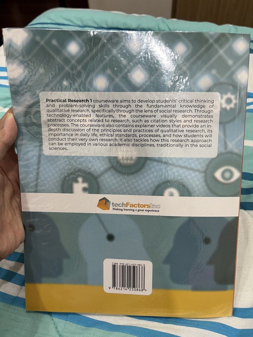 Practical Research 1 Textbook (Category: Textbooks) located in Paranaque City. Submitted by emceeahr (Listing ID 1439629532, Image 3). Description: - Practical Research 1 - Author: Kin Enriquez - Develops critical thinking and problem-solving skills - Focuses on social research - Includes citation styles and research processes - Features in-depth discussion of qualitative research - Applicable to various academic disciplines, especially social sc