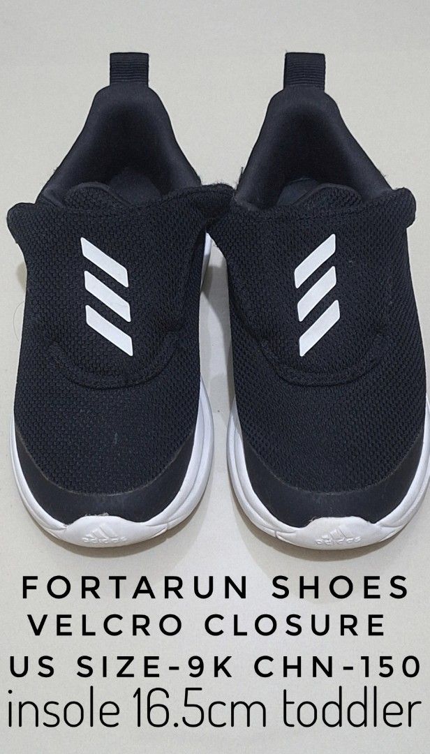 Preloved Adidas Fortarun Shoes (Category: Babies & Kids Fashion) located in Los Banos. Submitted by mckecollection (Listing ID 1439696795, Image 2). Description: -preloved item po ito - Adidas Fortarun shoes - US size 9K - CHN 150, Insole: 16.5cm - Black mesh upper with white stripes - White sole - Velcro closure - best fit for toddler age,check mo nlang size ng paa ng magsusuot PHP600.